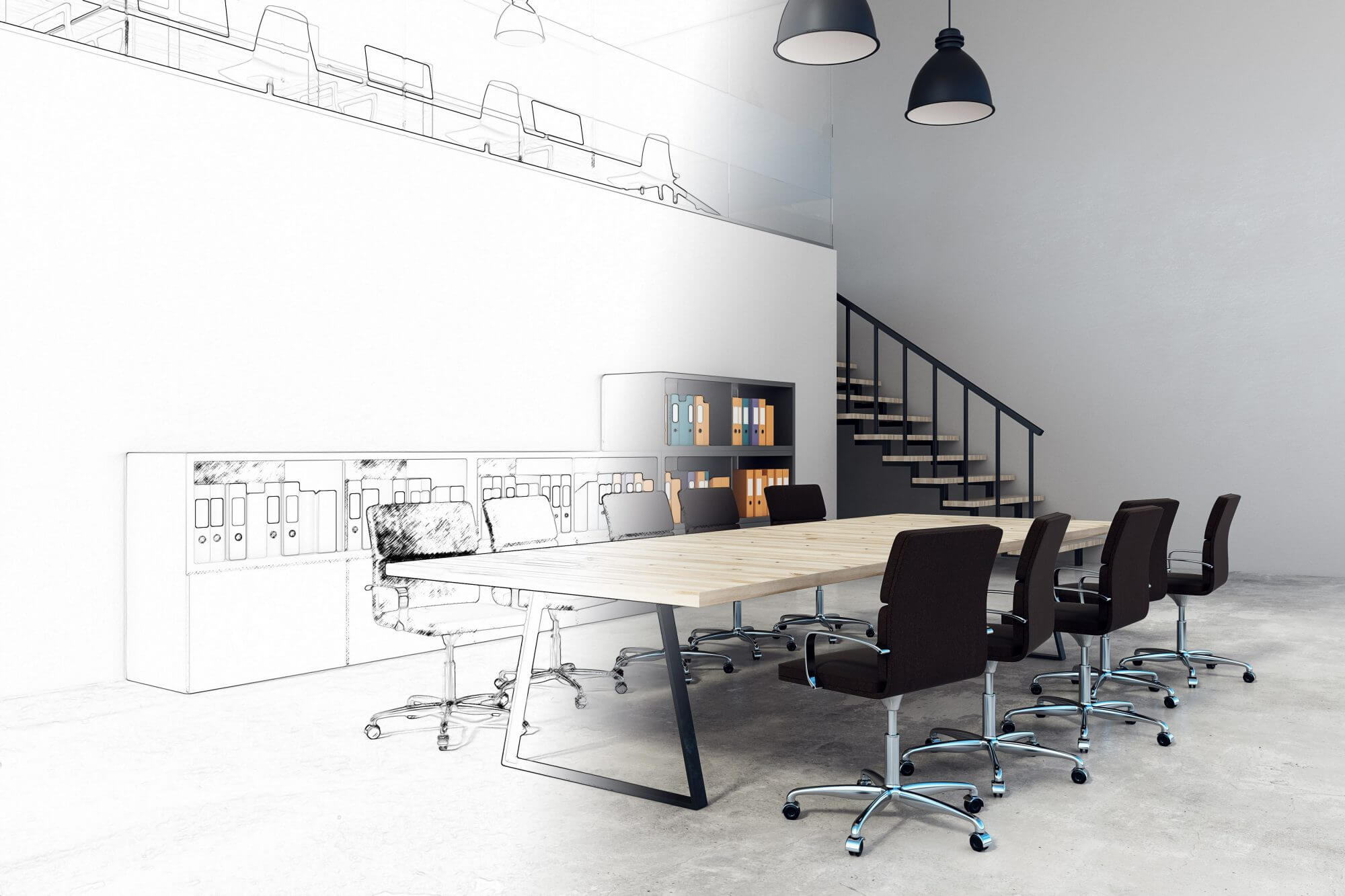 modern corporate black and wooden office interior planning
