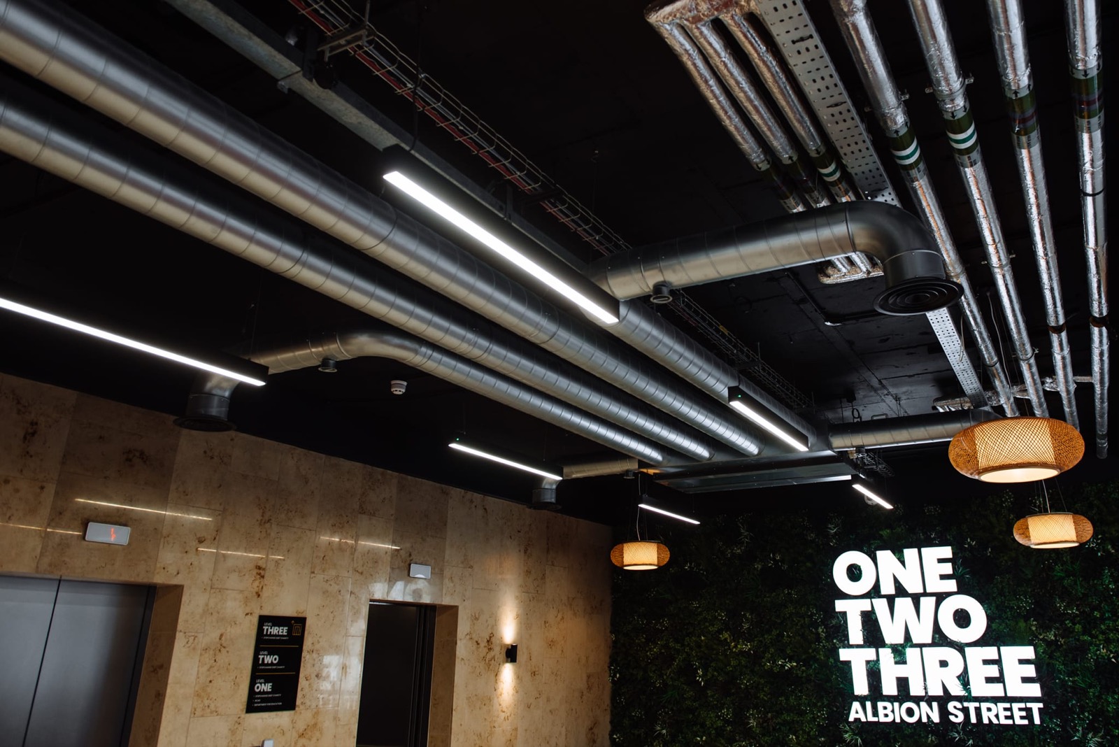 Exposed ductwork, pipework and linear lighting running the length of the reception ceiling at 123 Albion Street, Leeds, above a living wall