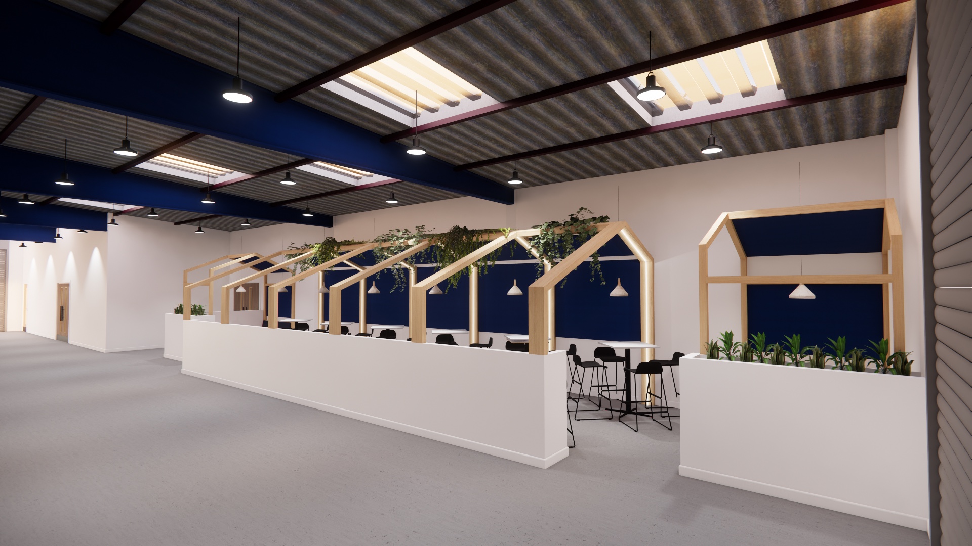Visualisation of a breakout area inside an industrial unit, with timber-framed booths, poseur tables and stools, and trailing planting beneath an exposed steel and profile-sheet roof