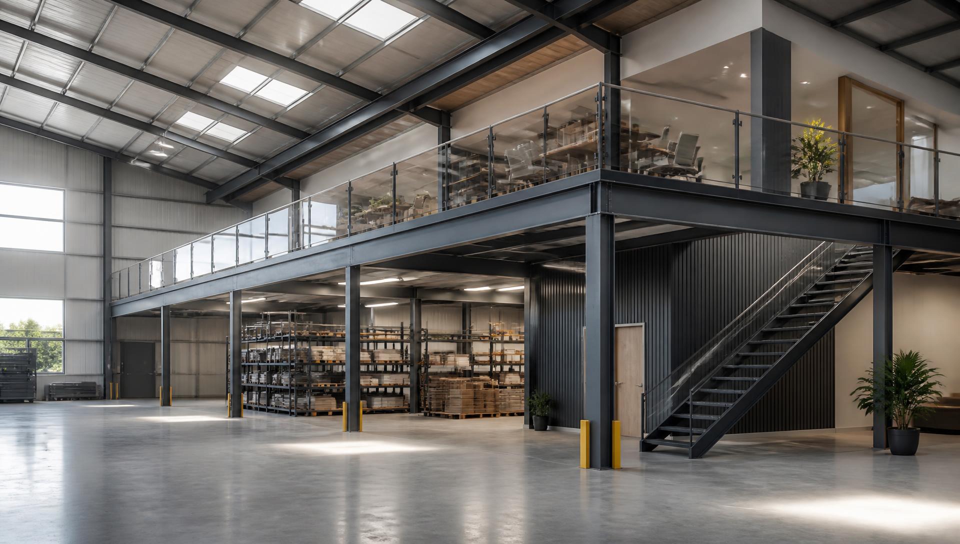 Steel mezzanine floor with glass balustrade above a bright warehouse floor