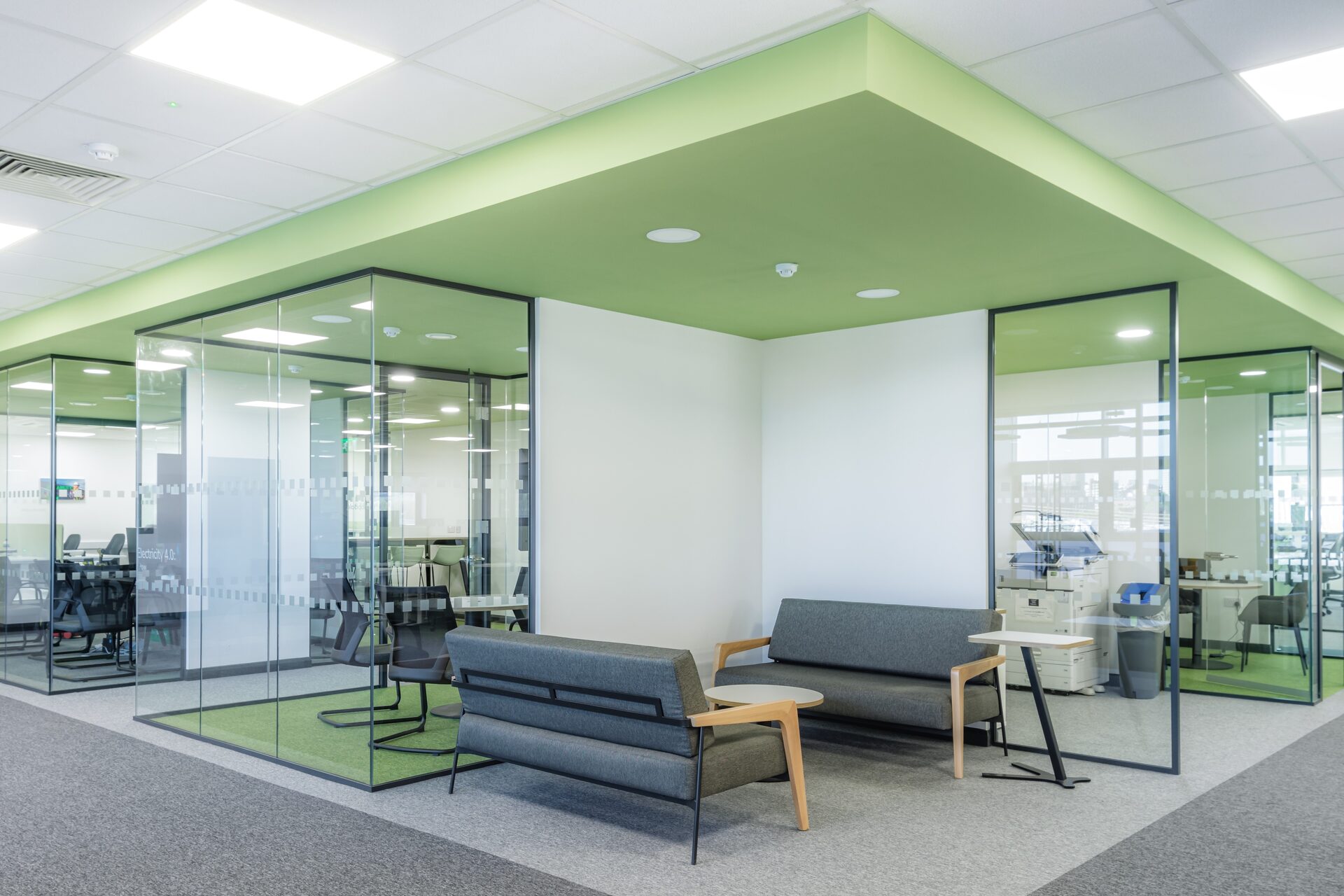 "Electricity 4.0" branded breakout pod at Schneider Electric's Leeds site, with a live-edge timber roof and trailing planting