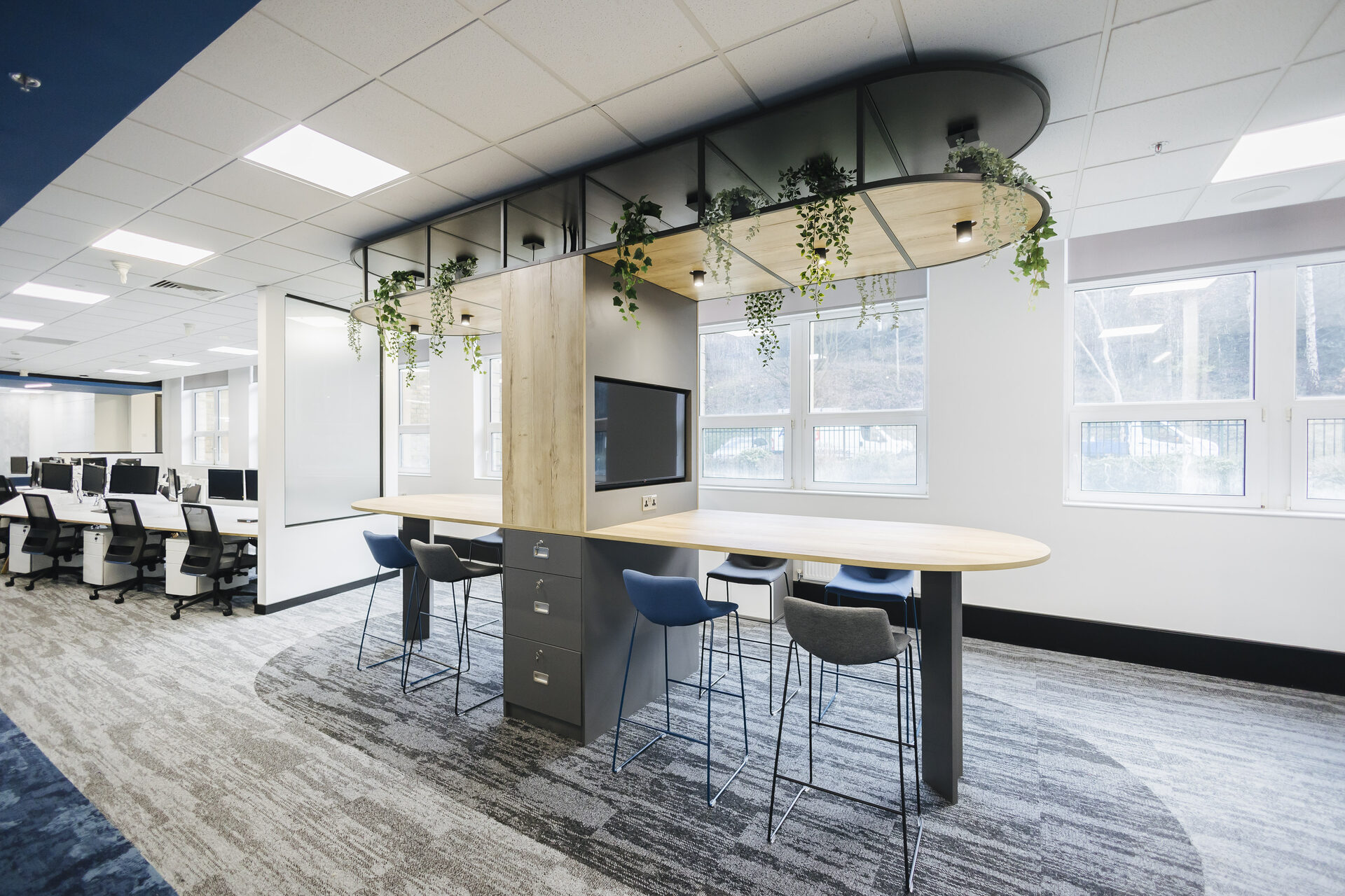 Breakout area at Thornton & Ross, high tables and stools beneath a planted oval ceiling raft, with a wall-mounted screen