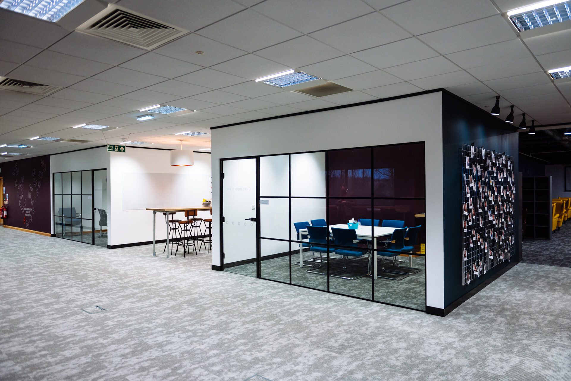 Glass-partitioned meeting rooms dividing the open-plan floor at Victoria Plum, a patterned feature wall alongside